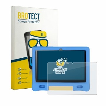 Face avant d’un emballage produit avec le logo de la marque BROTECT. À côté, l’appareil Bufo Kids Tablet 10.1