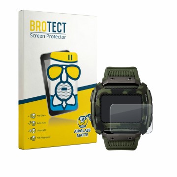 Parte frontal de un envase de producto con el logotipo de la marca BROTECT. Al lado se muestra el dispositivo Timex Command Sh