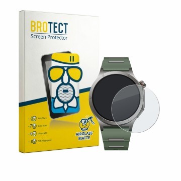 Front side of a product packaging with the brand logo BROTECT. Next to it is the device OnePlus Watch 4 shown with the corresp