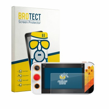 Front side of a product packaging with the brand logo BROTECT. Next to it is the device My Arcade Atari Gamestation Go Portabl