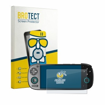 Parte frontal de un envase de producto con el logotipo de la marca BROTECT. Al lado se muestra el dispositivo Retroid Pocket 5