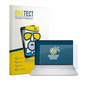 Parte frontal de un envase de producto con el logotipo de la marca BROTECT. Al lado se muestra el dispositivo Dell XPS 14 DA14