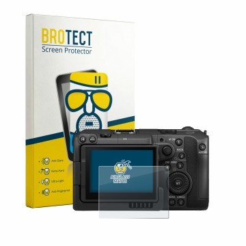 Vorderseite einer Produktverpackung mit dem Markenlogo BROTECT. Daneben ist das Gerät Canon EOS C50 mit dem zugehörigen Displa