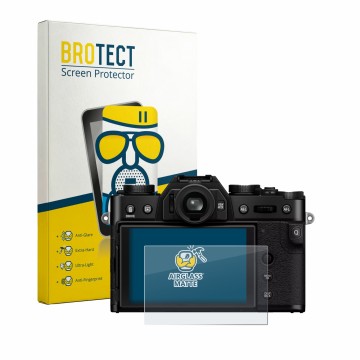 Parte frontale di una confezione del prodotto con il logo del marchio BROTECT. Accanto è raffigurato il dispositivo Fujifilm X