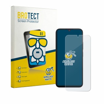 Parte frontal de un envase de producto con el logotipo de la marca BROTECT. Al lado se muestra el dispositivo Xiaomi Redmi A7 