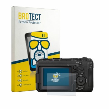 Face avant d’un emballage produit avec le logo de la marque BROTECT. À côté, l’appareil Canon EOS R6 V est représenté avec la 