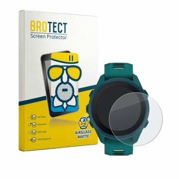 Face avant d’un emballage produit avec le logo de la marque BROTECT. À côté, l’appareil Garmin Forerunner 170 Music est représ