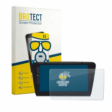 Front side of a product packaging with the brand logo BROTECT. Next to it is the device Dynavin D9-7 Premium Flex shown with t