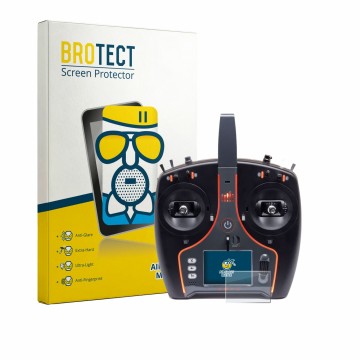 Front side of a product packaging with the brand logo BROTECT. Next to it is the device Spektrum NX7e Plus shown with the corr