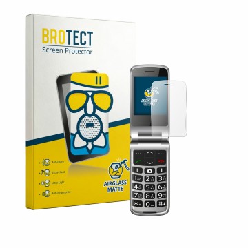 Vorderseite einer Produktverpackung mit dem Markenlogo BROTECT. Daneben ist das Gerät bea-fon SL645 mit dem zugehörigen Displa