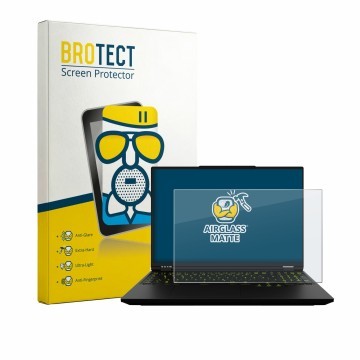 Parte frontal de un envase de producto con el logotipo de la marca BROTECT. Al lado se muestra el dispositivo XMG Neo 16 con s