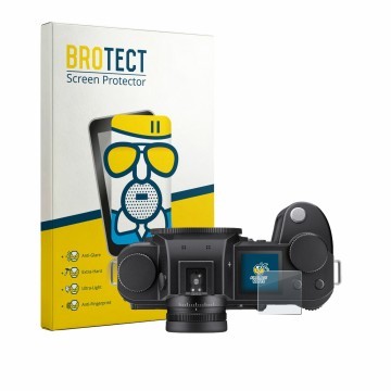 Vorderseite einer Produktverpackung mit dem Markenlogo BROTECT. Daneben ist das Gerät Leica SL3-P (Schulterdisplay) mit dem zu