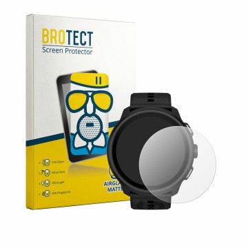 Front side of a product packaging with the brand logo BROTECT. Next to it is the device Suunto Run 2 shown with the correspond