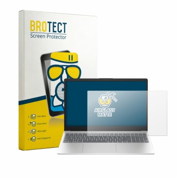 Vorderseite einer Produktverpackung mit dem Markenlogo BROTECT. Daneben ist das Gerät HP 15-fd1750ngx mit dem zugehörigen Disp