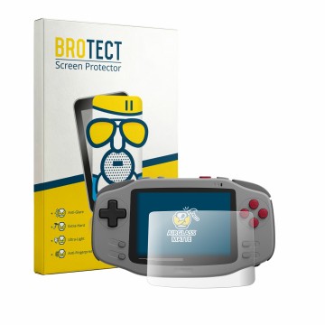 Front side of a product packaging with the brand logo BROTECT. Next to it is the device AYANEO KONKR Pocket Advance shown with