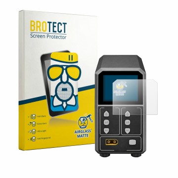 Parte frontal de un envase de producto con el logotipo de la marca BROTECT. Al lado se muestra el dispositivo SkyRc eFuel PSU2