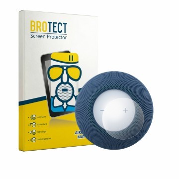 Face avant d’un emballage produit avec le logo de la marque BROTECT. À côté, l’appareil Apple HomePod mini 2 est représenté av