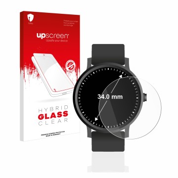 Face avant d’un emballage produit avec le logo de la marque upscreen. À côté, l’appareil Montres (Circulaire, ø: 34 mm) est re