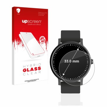 Front side of a product packaging with the brand logo upscreen. Next to it is the device Watches (Circular, ø: 33 mm) shown wi