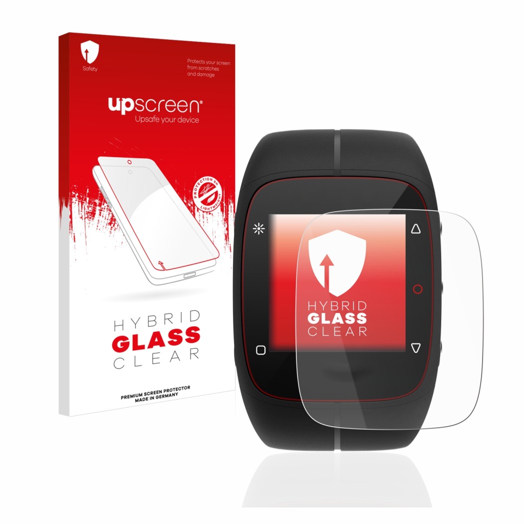 Parte frontale di una confezione del prodotto con il logo del marchio upscreen. Accanto è raffigurato il dispositivo Polar M40