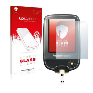 Vorderseite einer Produktverpackung mit dem Markenlogo upscreen. Daneben ist das Gerät Freestyle InsuLinx mit dem zugehörigen 