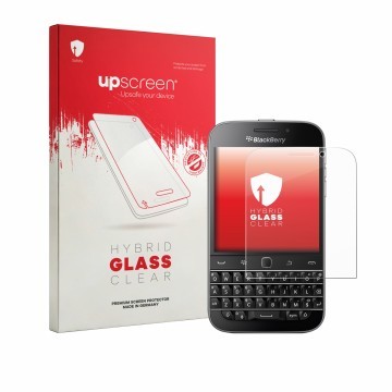 Parte frontale di una confezione del prodotto con il logo del marchio upscreen. Accanto è raffigurato il dispositivo Blackberr