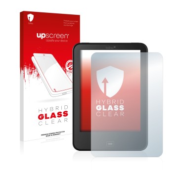 Parte frontal de un envase de producto con el logotipo de la marca upscreen. Al lado se muestra el dispositivo Tolino Vision 3