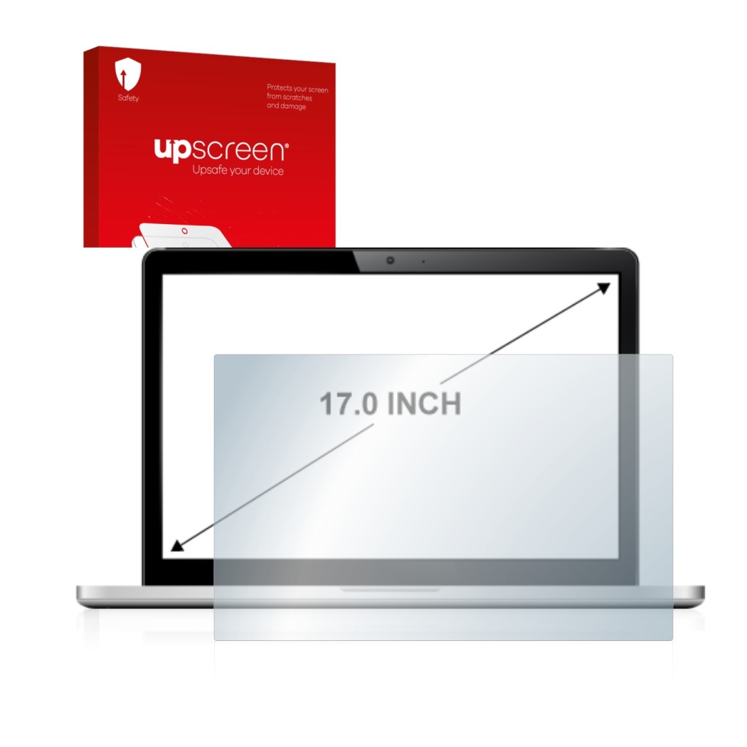 Parte frontal de un envase de producto con el logotipo de la marca upscreen. Al lado se muestra el dispositivo con su protecto