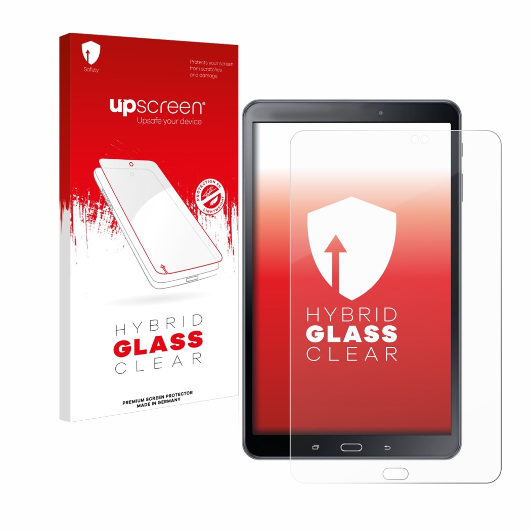 Face avant d’un emballage produit avec le logo de la marque upscreen. À côté, l’appareil Samsung Galaxy Tab A 10.1 2016 SM-T58