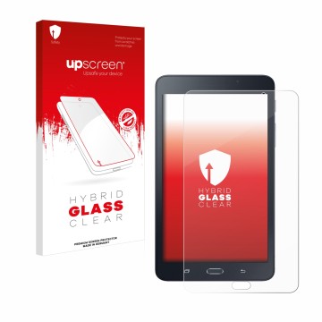 Front side of a product packaging with the brand logo upscreen. Next to it is the device Samsung Galaxy Tab A6 7.0 shown with 