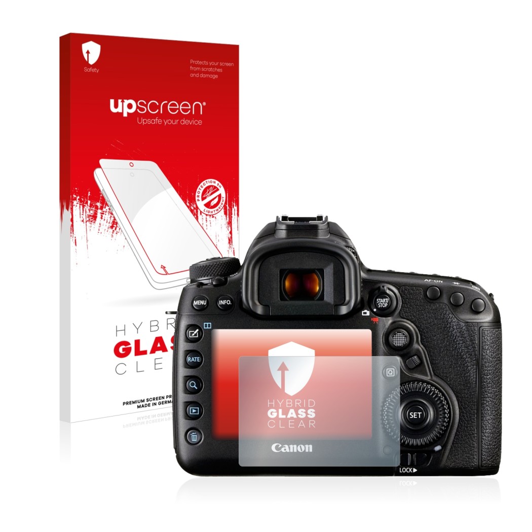 Front side of a product packaging with the brand logo upscreen. Next to it is the device Canon EOS 5D Mark IV shown with the c