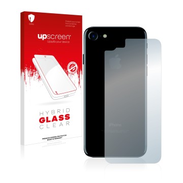 Vorderseite einer Produktverpackung mit dem Markenlogo upscreen. Daneben ist das Gerät Apple iPhone 7 Rückseite (gesamte Fläch