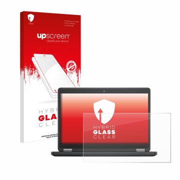 Parte frontal de un envase de producto con el logotipo de la marca upscreen. Al lado se muestra el dispositivo Dell Latitude 1