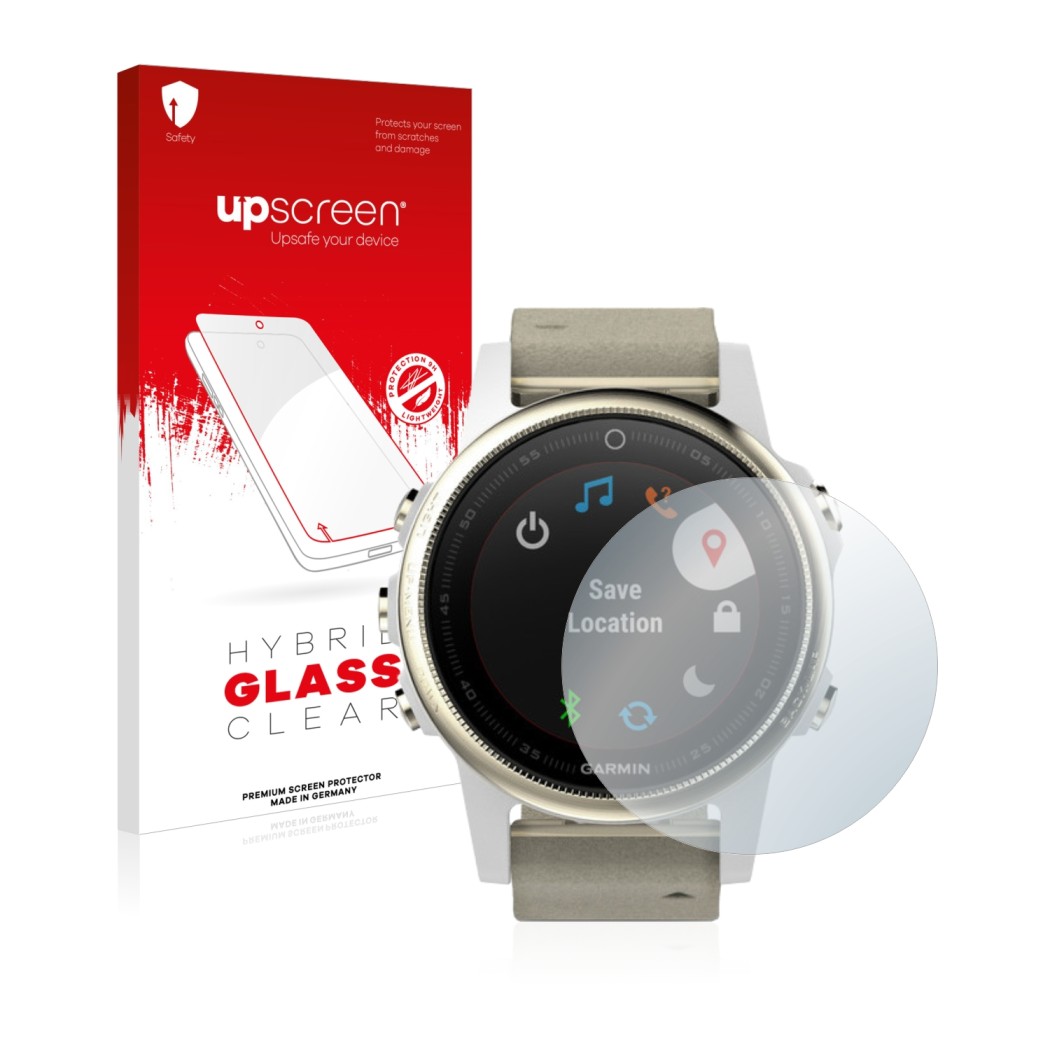 Parte frontal de un envase de producto con el logotipo de la marca upscreen. Al lado se muestra el dispositivo Garmin Fenix 5S