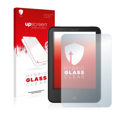 Parte frontale di una confezione del prodotto con il logo del marchio upscreen. Accanto è raffigurato il dispositivo Tolino Vi