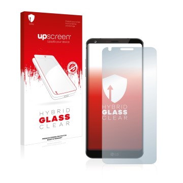 Face avant d’un emballage produit avec le logo de la marque upscreen. À côté, l’appareil LG G6 est représenté avec la protecti