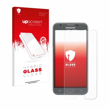 Front side of a product packaging with the brand logo upscreen. Next to it is the device Samsung Galaxy J3 2017 shown with the