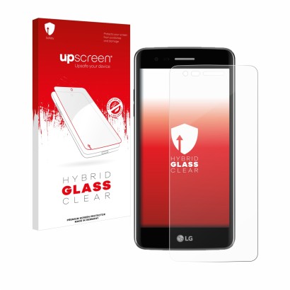 Front side of a product packaging with the brand logo upscreen. Next to it is the device LG K8 2017 shown with the correspondi