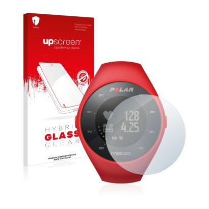 Parte frontal de un envase de producto con el logotipo de la marca upscreen. Al lado se muestra el dispositivo Polar M200 con 