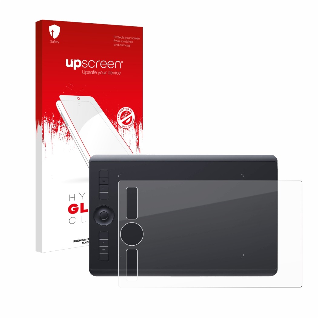 Vorderseite einer Produktverpackung mit dem Markenlogo upscreen. Daneben ist das Gerät Wacom Intuos Pro M (2017) mit dem zugeh