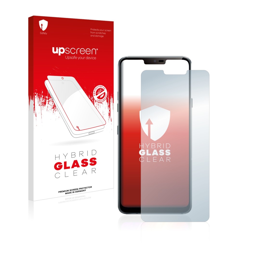 Vorderseite einer Produktverpackung mit dem Markenlogo upscreen. Daneben ist das Gerät LG G7 ThinQ mit dem zugehörigen Display