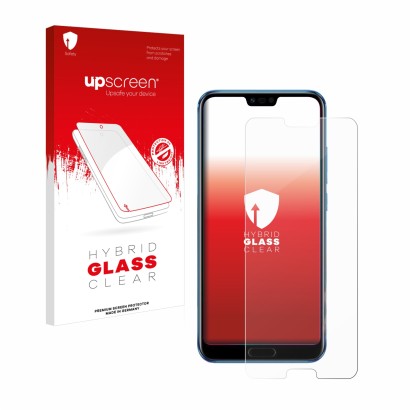 Face avant d’un emballage produit avec le logo de la marque upscreen. À côté, l’appareil Honor 10 est représenté avec la prote