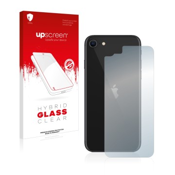 Front side of a product packaging with the brand logo upscreen. Next to it is the device Apple iPhone SE 2 2020 (Back) shown w