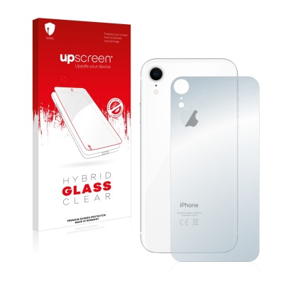 Front side of a product packaging with the brand logo upscreen. Next to it is the device Apple iPhone XR (Back) shown with the