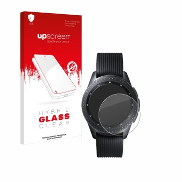 Vorderseite einer Produktverpackung mit dem Markenlogo upscreen. Daneben ist das Gerät Samsung Galaxy Watch (42 mm) mit dem zu