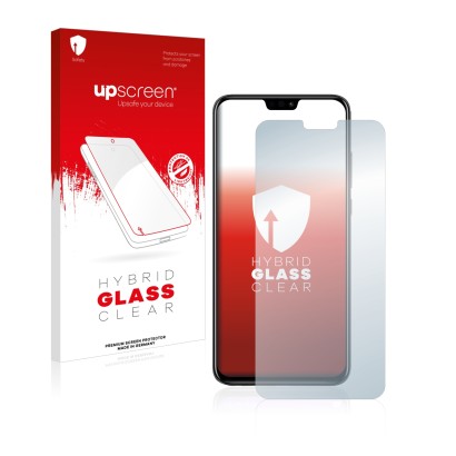 Parte frontal de un envase de producto con el logotipo de la marca upscreen. Al lado se muestra el dispositivo Honor 8X con su