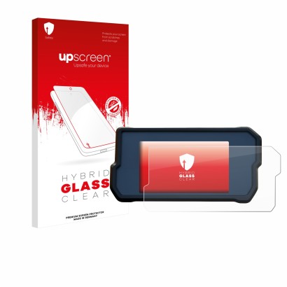 Face avant d’un emballage produit avec le logo de la marque upscreen. À côté, l’appareil KTM 390 Duke 2017 est représenté avec