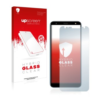 Vorderseite einer Produktverpackung mit dem Markenlogo upscreen. Daneben ist das Gerät LG K40 mit dem zugehörigen Displayschut