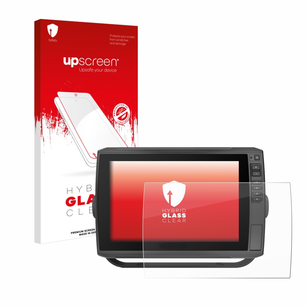Face avant d’un emballage produit avec le logo de la marque upscreen. À côté, l’appareil Garmin ECHOMAP Ultra 102sv est représ
