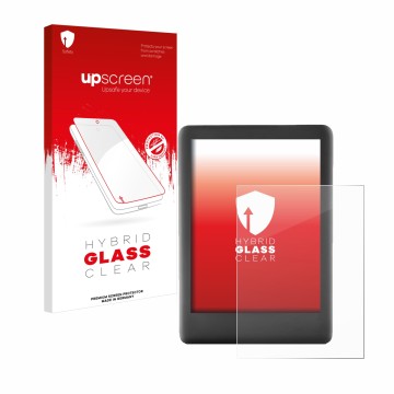 Parte frontal de un envase de producto con el logotipo de la marca upscreen. Al lado se muestra el dispositivo Amazon Kindle 2